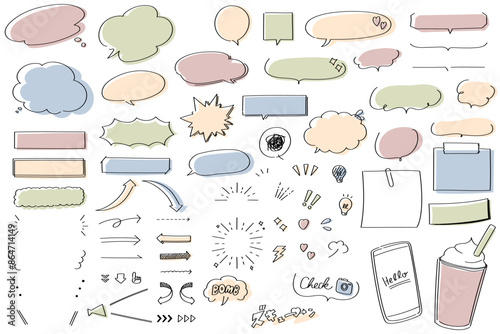 くすみカラー　手描きのゆるい吹き出し　矢印　フレーム　装飾　イラストセット
