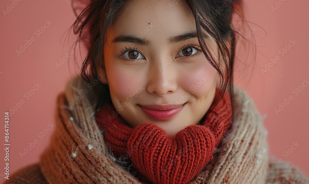 attractive young asian woman feels happy and romantic showing heart model expresses tender feelings poses against pink background people affection and care.image attractive young asian woman feels happy and romantic showing heart model expresses tender feelings poses against pink background people affection and care.image