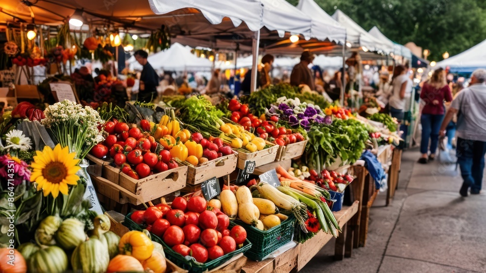 A vibrant farmers' market with fresh produce, flowers, and local crafts. A vibrant farmers' market with fresh produce, flowers, and local crafts.