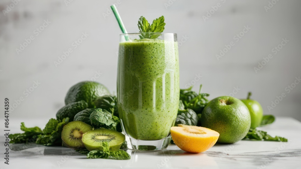 A fresh green smoothie on a white background. A fresh green smoothie on a white background.