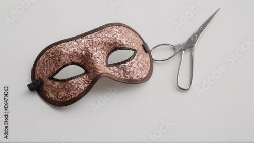 silver and brown eye mask laying on top of a white table next to a pair of scissors