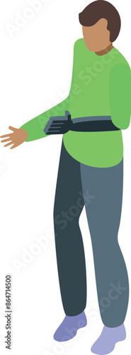 Young man with modern bionic prosthesis arm is standing and gesturing