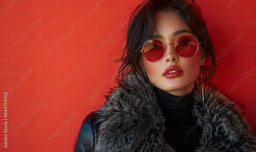 fashionable confident asian woman wearing chic fur jacket sunglasses and black boots in perfect slim shape on , red background in studio cosmetics femininity.illustration fashionable confident asian woman wearing chic fur jacket sunglasses and black boots in perfect slim shape on , red background in studio cosmetics femininity.illustration
