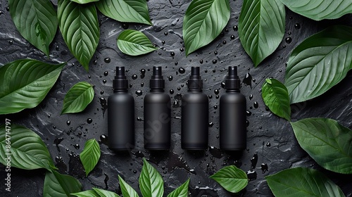 men s cosmetic products in black bottles with green leaves on stone background luxury packaging design branding.illustration