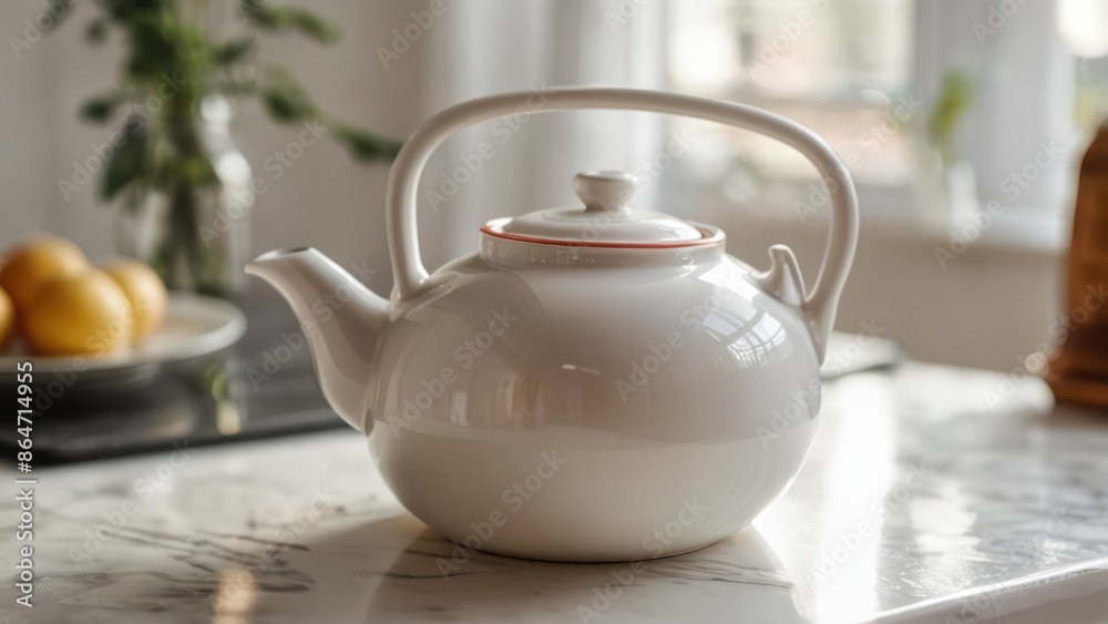 A white ceramic teapot with a smooth finish, on a white table. A white ceramic teapot with a smooth finish, on a white table.