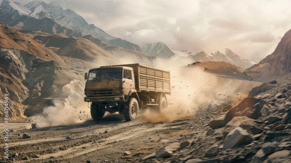 Heavy-duty truck driving on a rugged mountain road surrounded by rocky terrain and dust, showcasing outdoor adventure in a remote area. Heavy-duty truck driving on a rugged mountain road surrounded by rocky terrain and dust, showcasing outdoor adventure in a remote area.