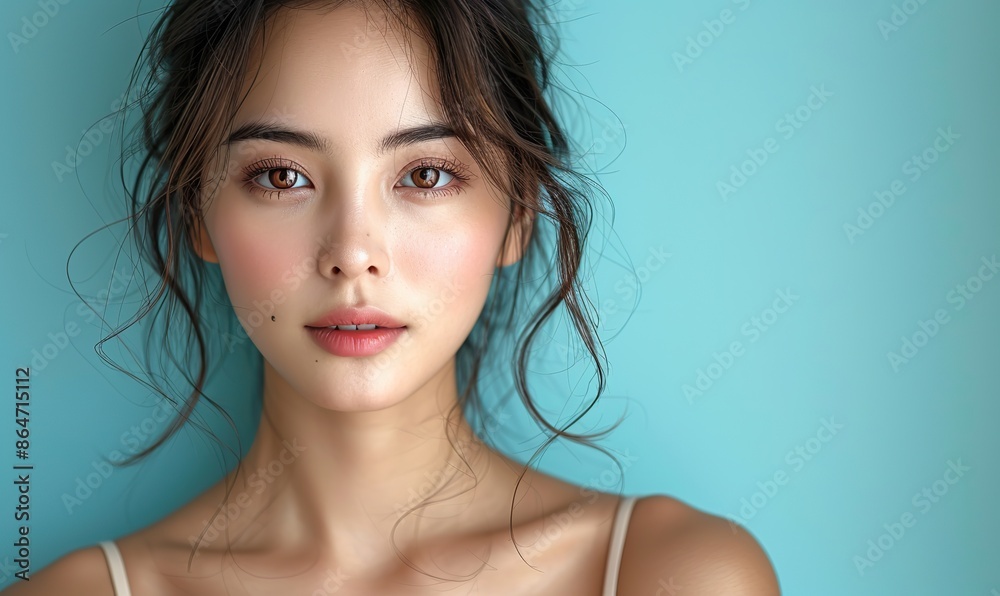 young asian beauty woman pull back hair with koreans makeup style on face and perfect clean skin show blank space on , blue background.image young asian beauty woman pull back hair with koreans makeup style on face and perfect clean skin show blank space on , blue background.image