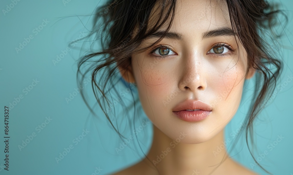 beautiful short hair asian woman model with natural makeup and clean fresh skin on blue background face care facial treatment cosmetology beauty and spa women portrait.image graphic beautiful short hair asian woman model with natural makeup and clean fresh skin on blue background face care facial treatment cosmetology beauty and spa women portrait.image graphic