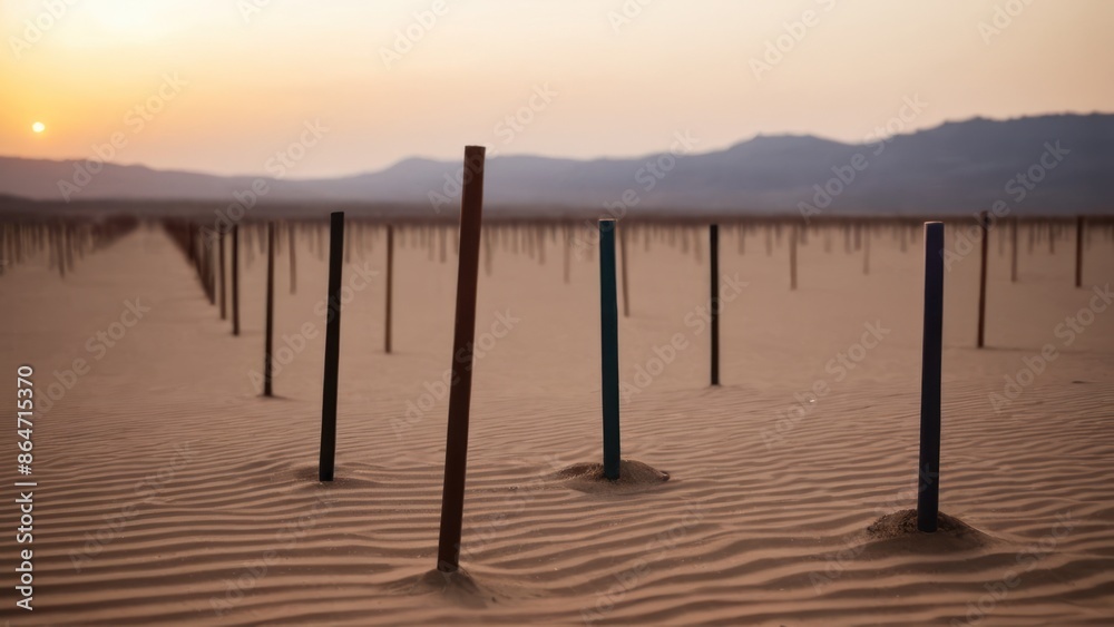 group of metal poles sticking out of the sand in the middle of a desert group of metal poles sticking out of the sand in the middle of a desert