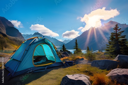 camping in the mountains, Perfect camping place high in the mountains with tent in summer season. Generative Ai.Camping tent on mountain meadow at sunset. 3d rendering

 photo