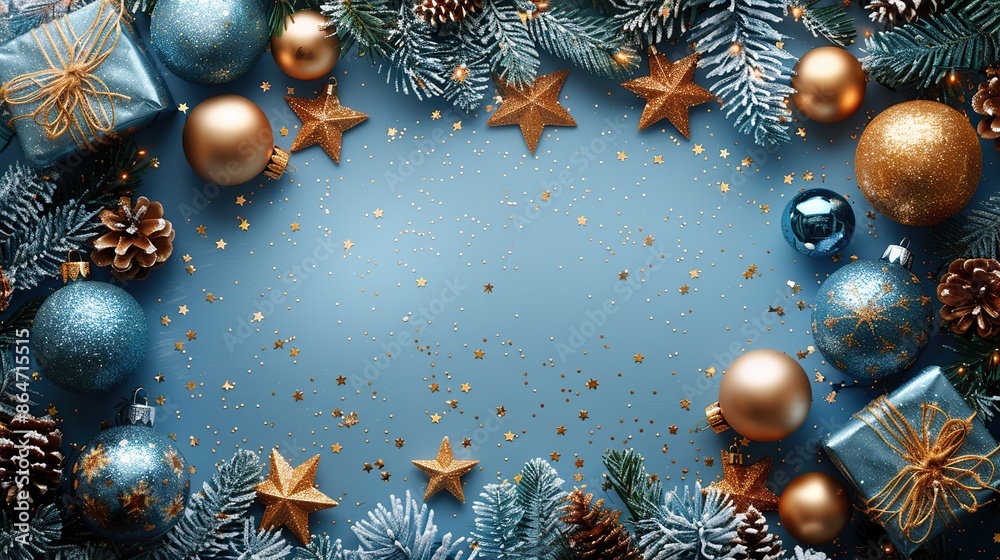 christmas vertical banner with blue and gold baubles gift boxes star ornaments and confetti , on white background with copy space.image illustration christmas vertical banner with blue and gold baubles gift boxes star ornaments and confetti , on white background with copy space.image illustration
