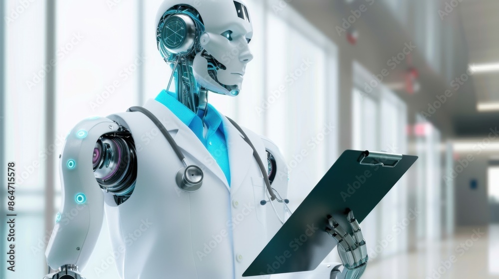 A futuristic robot doctor with medical attire and a clipboard, illustrating the merging of AI and healthcare industries.
