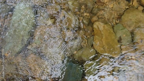 Top View.The water reflection texture background has brown rocks underwater.