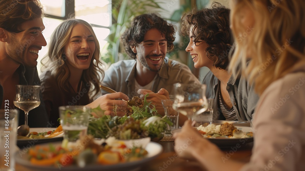 Group of friends enjoying a meal together, sharing laughter and good times in a cozy, warmly lit setting. Group of friends enjoying a meal together, sharing laughter and good times in a cozy, warmly lit setting.