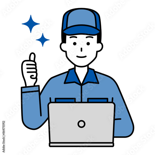 グッドサインをするノートパソコンで仕事をしているつなぎ作業服の男性