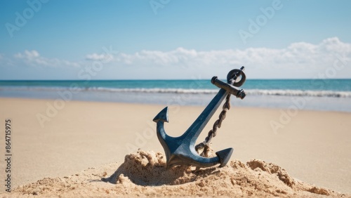 a photograph of an anchor on a sandy beach with a blue sky and ocean in the back ground