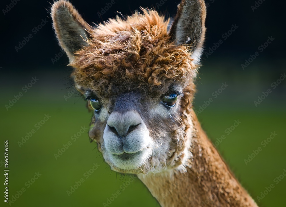 Obraz premium A portrait of an alpaca on a farm on San Juan Island in Washington state.