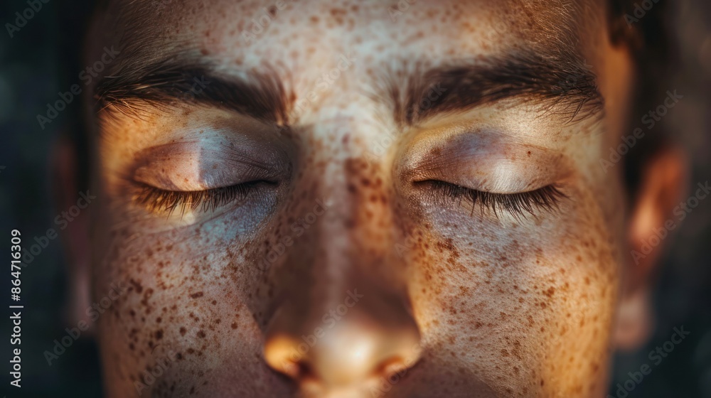 Close-up of a person's face with closed eyes and freckles illuminated by soft light, creating a serene and peaceful atmosphere. Close-up of a person's face with closed eyes and freckles illuminated by soft light, creating a serene and peaceful atmosphere.