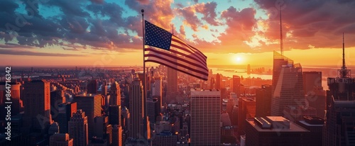 American Flag Waving Over New York City Skyline at Sunset