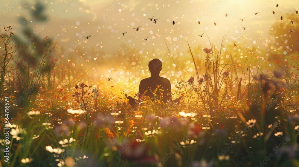 Person meditating in a serene meadow during sunset, surrounded by flowers and fireflies, illustrating peace and tranquility.