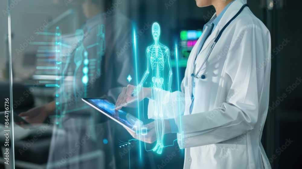 Medical experts in lab coats analyze a digital tablet featuring a holographic human figure, emphasizing the integration of technology in healthcare.
Medical experts in lab coats analyze a digital tablet featuring a holographic human figure, emphasizing the integration of technology in healthcare.