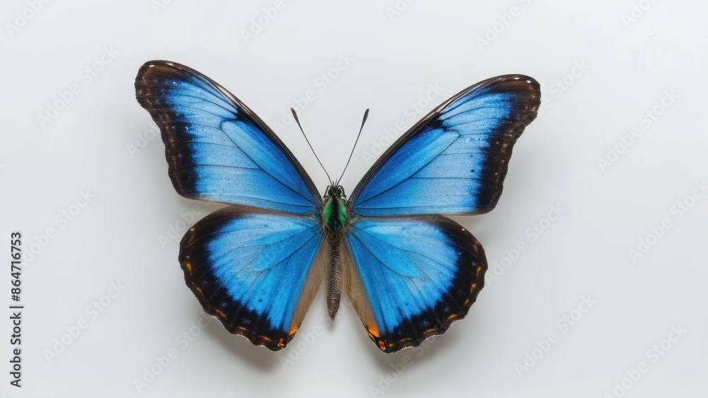 A vibrant blue butterfly on a white background.