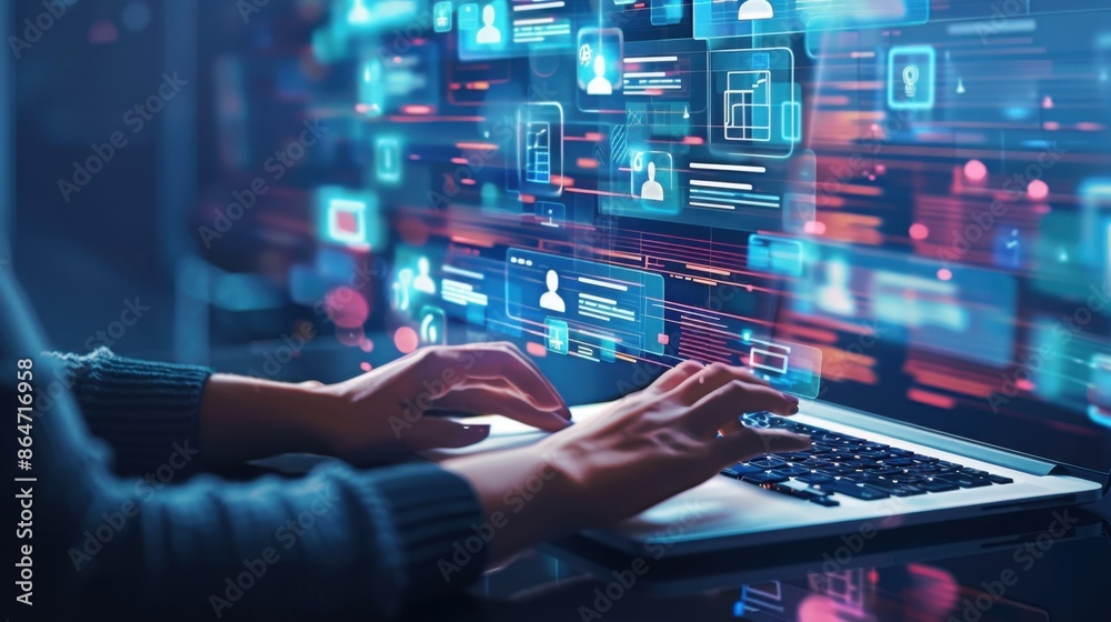 Hands working on a laptop with holographic interface elements displaying user profiles and data, highlighting advanced data processing.
Hands working on a laptop with holographic interface elements displaying user profiles and data, highlighting advanced data processing.