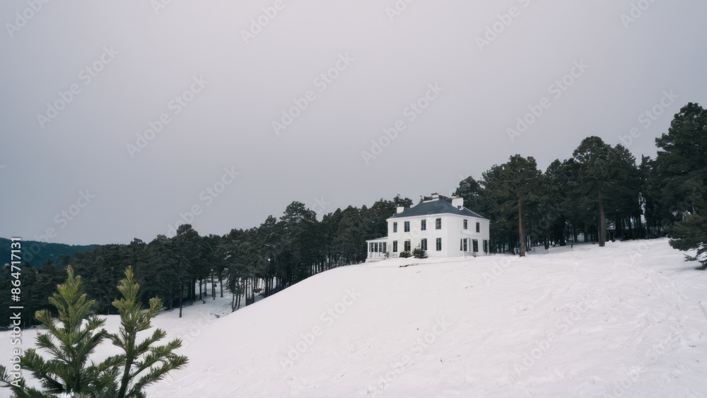 Fototapeta premium small white house sitting on top of a snow covered hill next to a pine tree