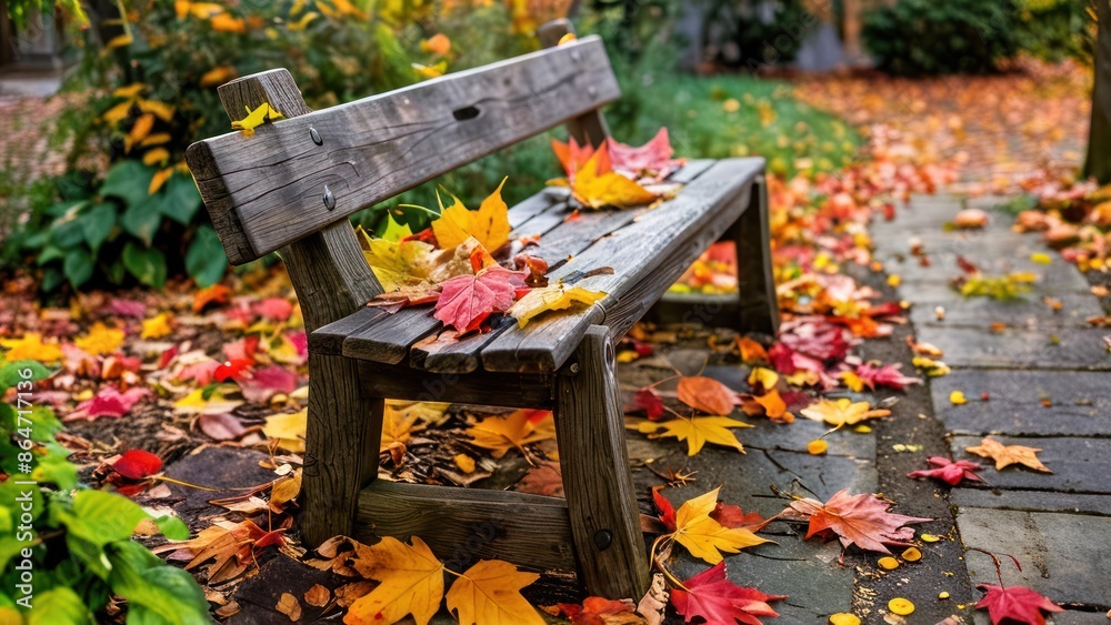 A rustic wooden bench in a fall garden, surrounded by colorful leaves. A rustic wooden bench in a fall garden, surrounded by colorful leaves.