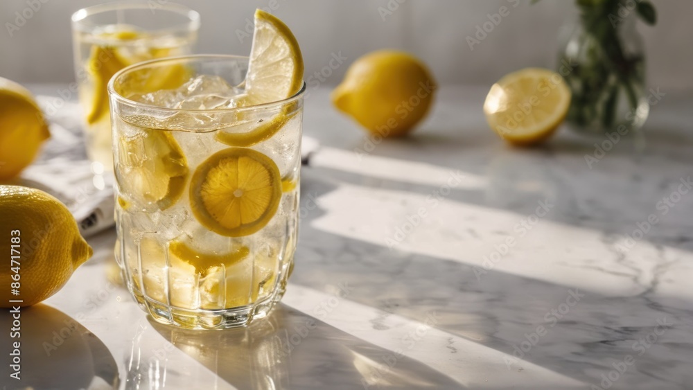 A clear glass of lemonade, on a white table. A clear glass of lemonade, on a white table.