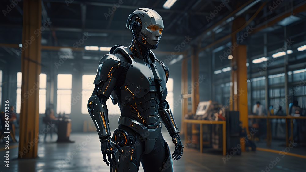 This human model features a high-tech exoskeleton enhancing strength and mobility, set against the backdrop of a bustling futuristic industrial complex This human model features a high-tech exoskeleton enhancing strength and mobility, set against the backdrop of a bustling futuristic industrial complex