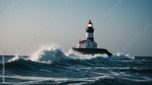 light house in the middle of a body of water with waves coming in front of it