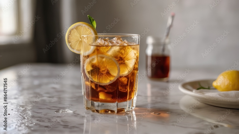 A clear glass of iced tea with lemon, on a white table. A clear glass of iced tea with lemon, on a white table.