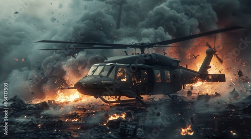 Military Helicopter Flying Through Smoke and Fire