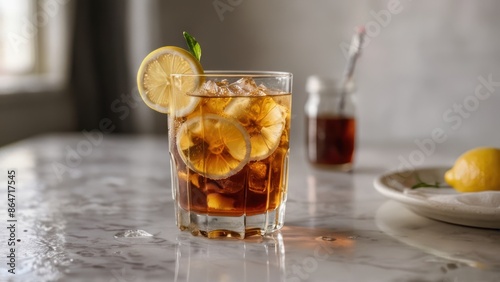 A clear glass of iced tea with lemon, on a white table.