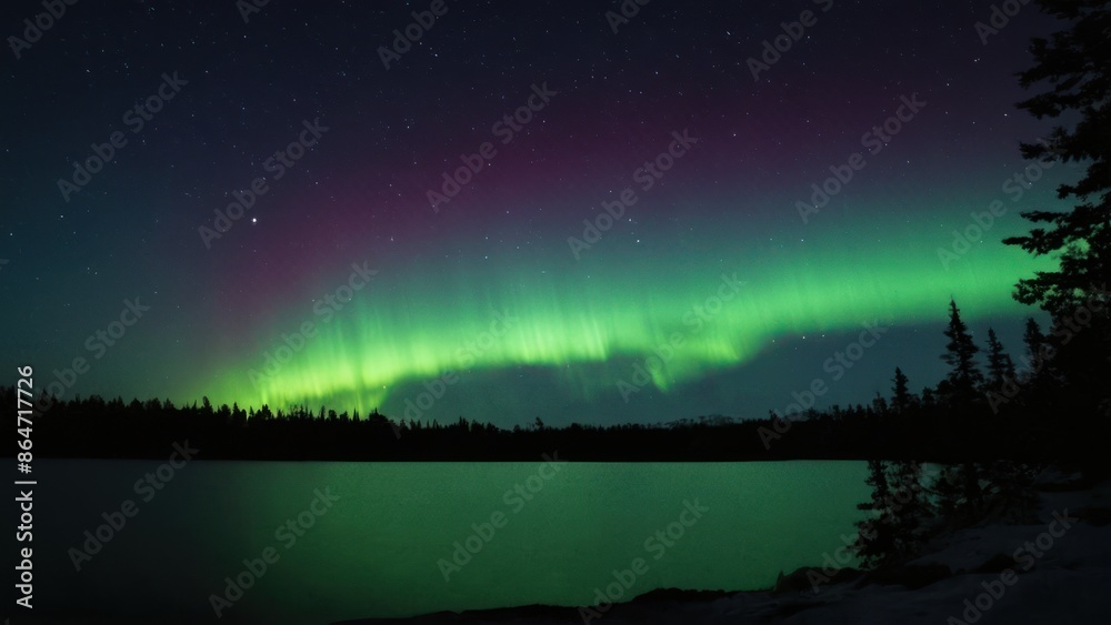 Naklejka premium a photograph of the aurora bore lights up the sky over a body of water with trees in the foreground