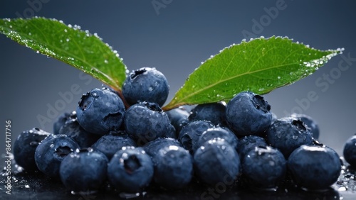 bunch of blueberries with water droplets on it's tops and a leaf sticking out of the top