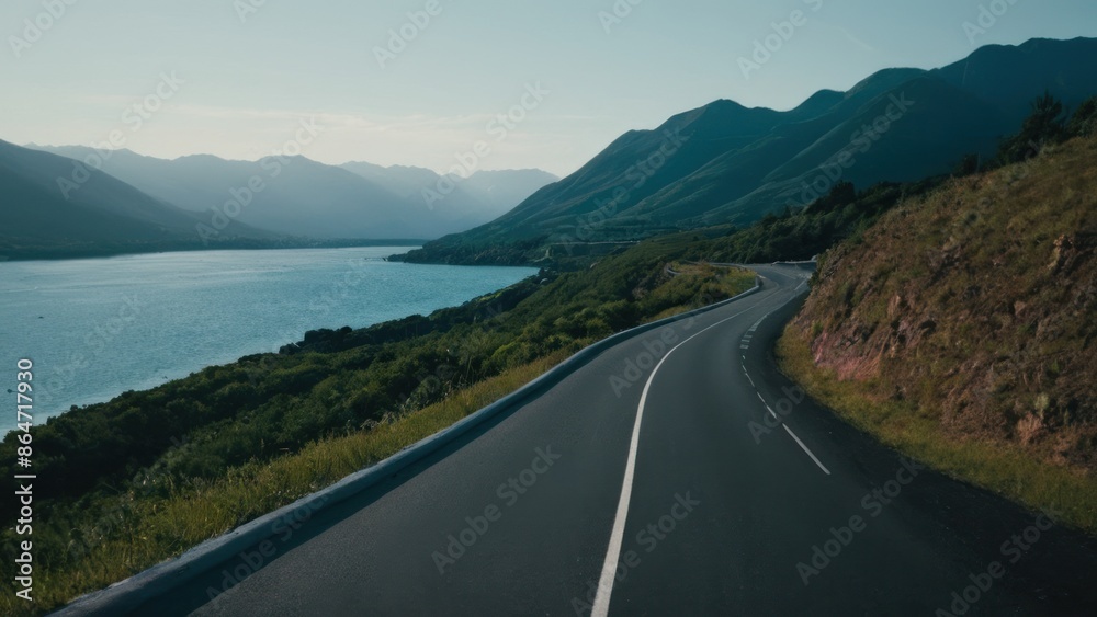 Fototapeta premium road going down a hill next to a body of water with mountains in the background
