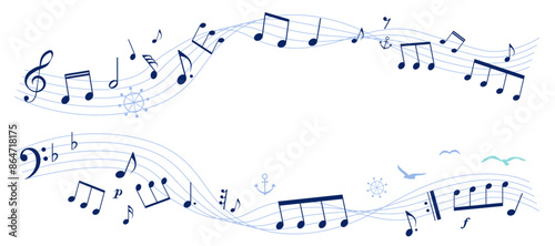 マリンイメージの楽譜のフレームイラスト　五線譜　背景イラスト　マリンモチーフ（舵、イカリ、船、カモメ）