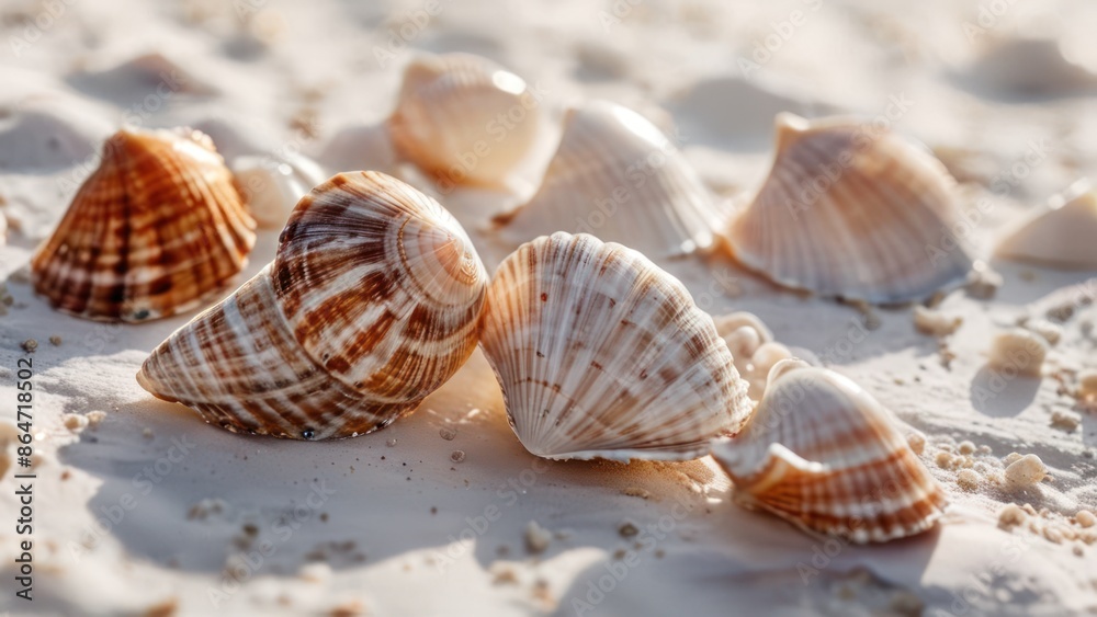 A set of pristine seashells on a smooth white surface, captured with stunning macro photography and soft, natural lighting. A set of pristine seashells on a smooth white surface, captured with stunning macro photography and soft, natural lighting.