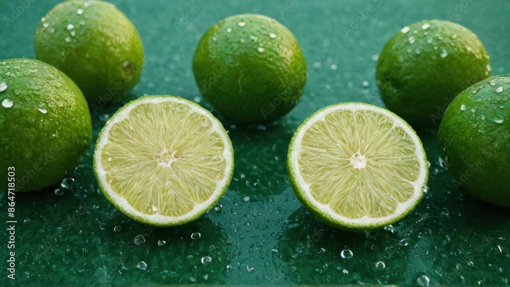 bunch of limes sitting next to each other on a green surface with water droplets on them bunch of limes sitting next to each other on a green surface with water droplets on them