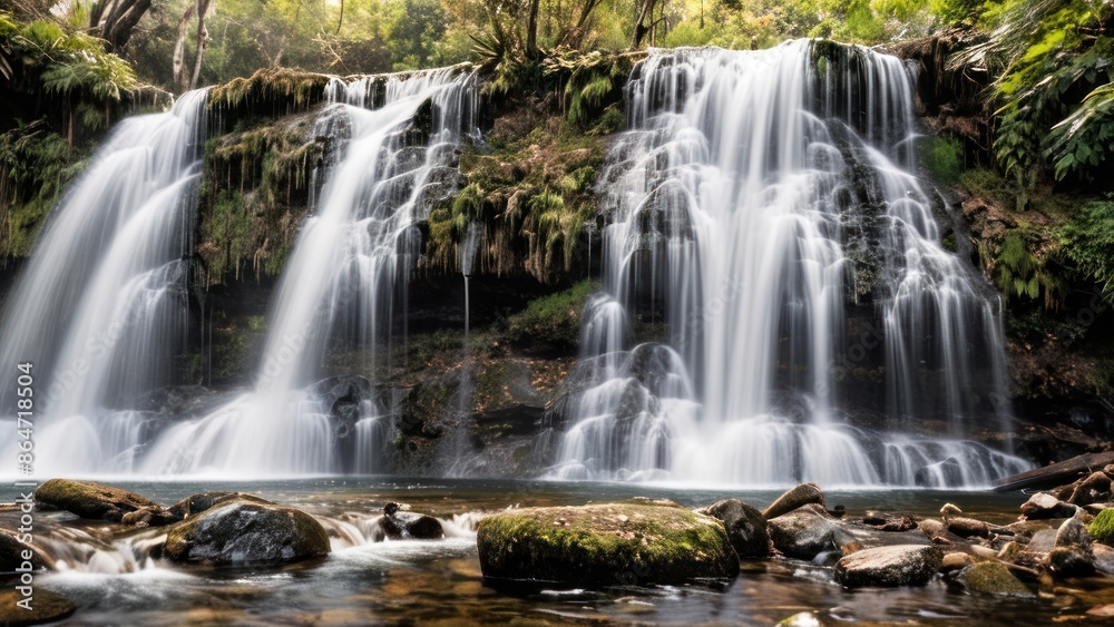 A clear waterfall in a peaceful setting, isolated against a pure white background. A clear waterfall in a peaceful setting, isolated against a pure white background.