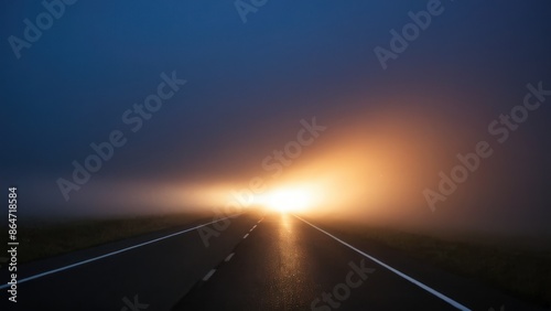 bright light shines through the fogy sky above a dark, empty road