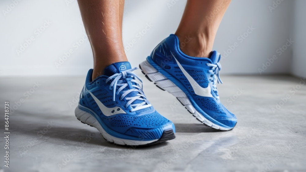 A pair of blue running shoes on a white background. A pair of blue running shoes on a white background.