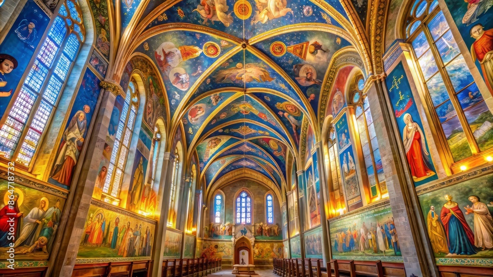 Fototapeta premium Vibrant frescoes adorn the vaulted ceiling and walls of Scrovegni Chapel, a masterpiece of Gothic architecture in Padua, Italy, bathed in warm golden light.
