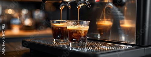 Espresso Pouring Into Clear Glass Cups on Metal Drip Tray