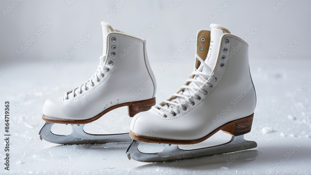 A pair of white ice skates on a white background. A pair of white ice skates on a white background.