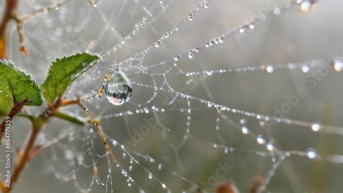 A dewdrop on a spider web strand, isolated on a soft white background, captured in stunning high-resolution detail.