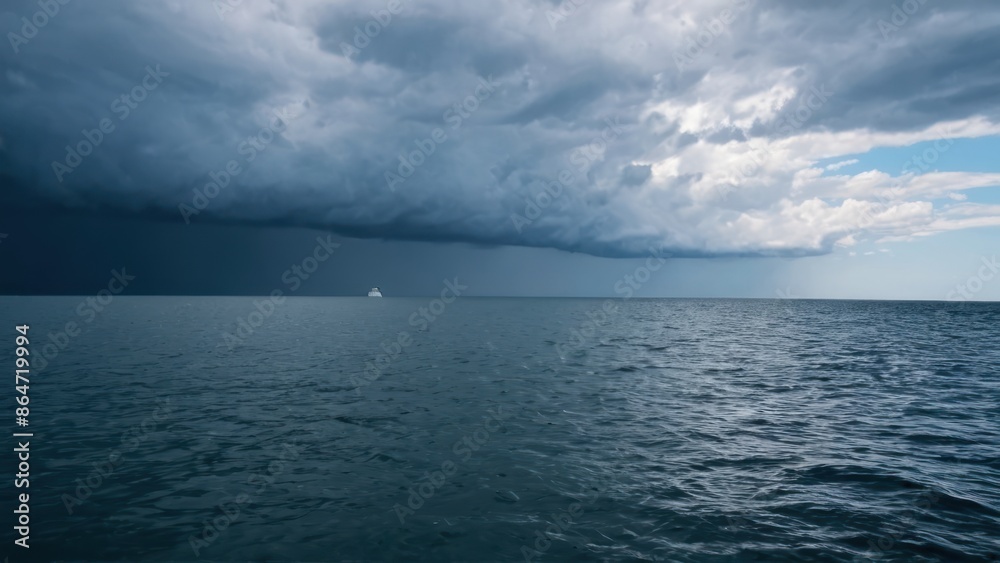 Fototapeta premium large body of water with clouds in the sky and a boat in the water