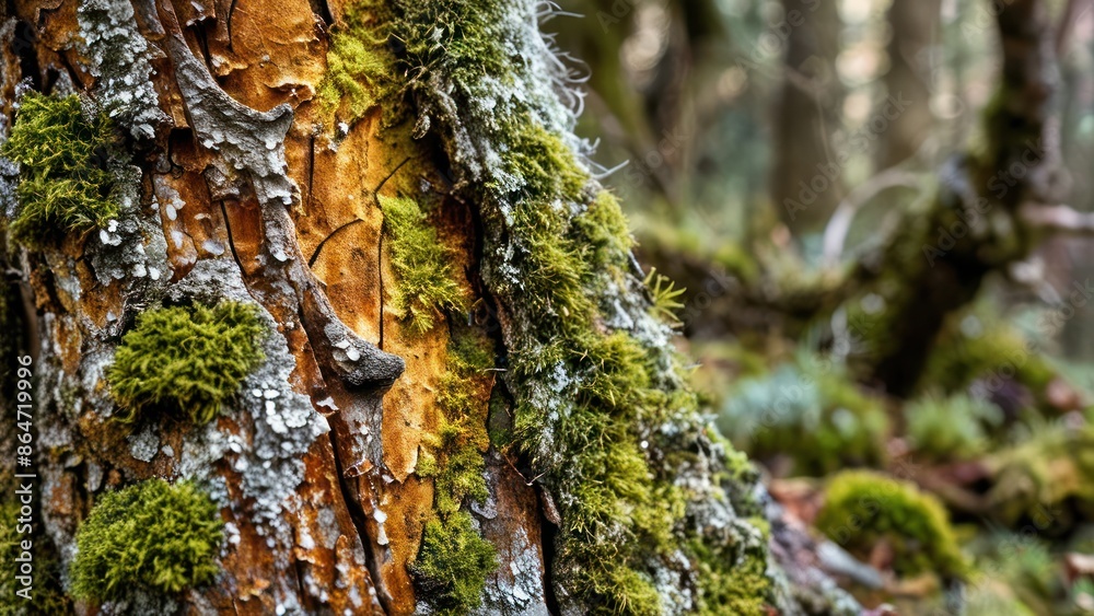 Obraz premium A close-up of the textured bark of an ancient tree, with moss and lichen.